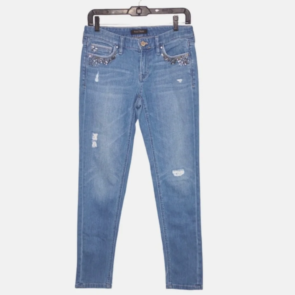 WHBM Low Rise Girlfriend Jeans Blue Jeweled Pockets Size 0R - Picture 2 of 12